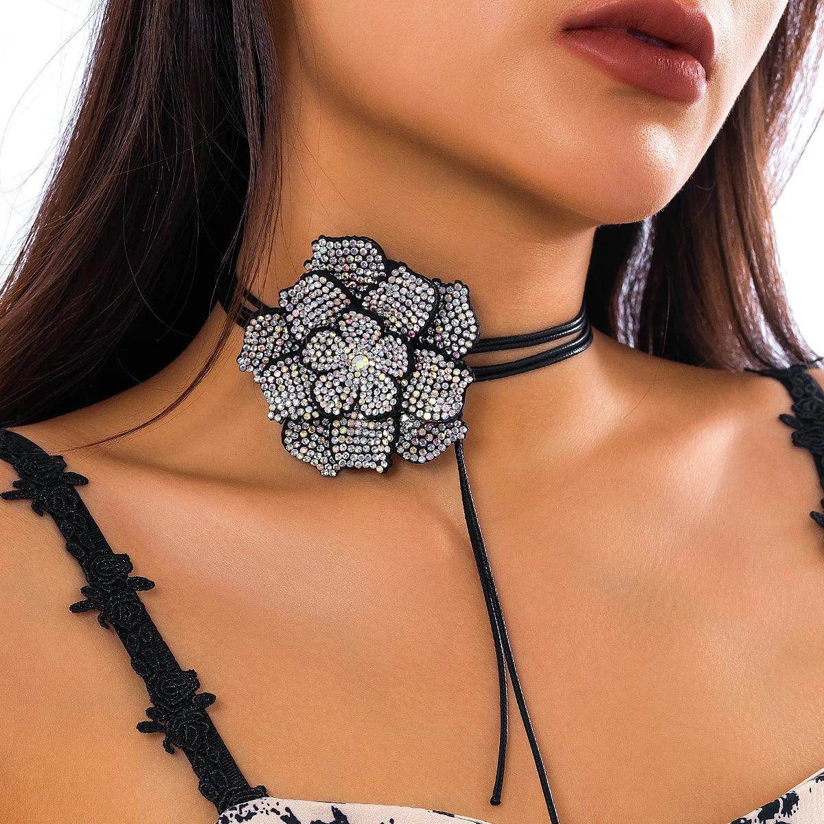 Stylish big flower crystal choker for women with a bold floral design and adjustable tie feature