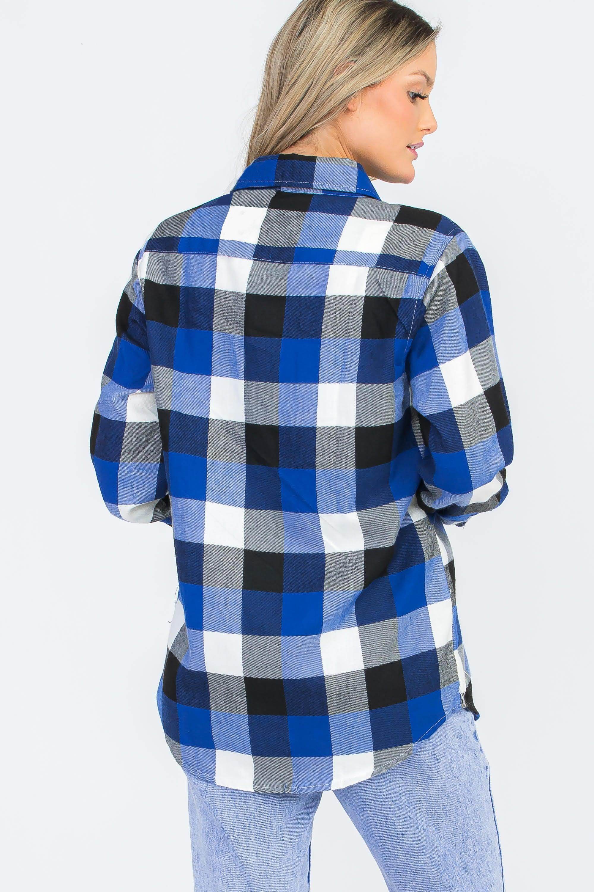 Back view of a big plaid shirt for women in blue and black check pattern, perfect for casual outings.