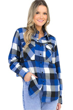 VacationGrabs big plaid shirt for women in blue and black, featuring a relaxed fit and front pockets
