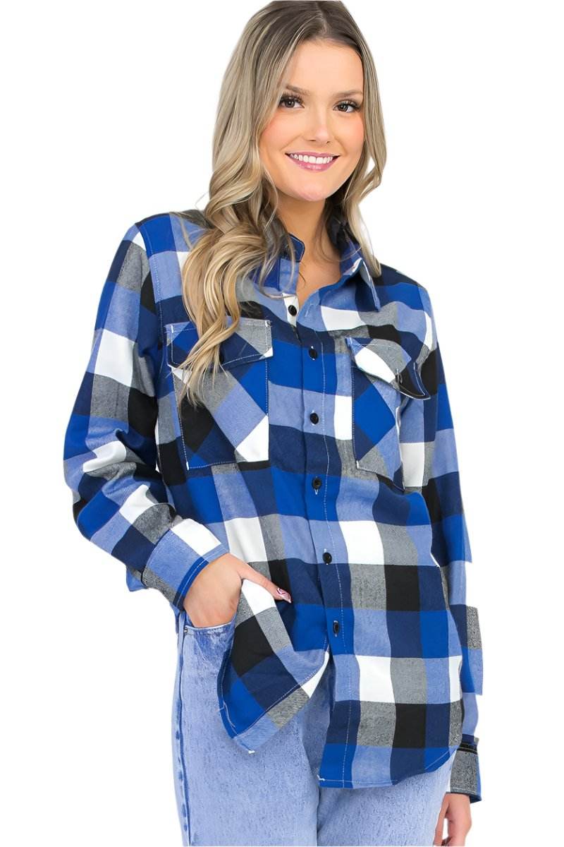 VacationGrabs big plaid shirt for women in blue and black, featuring a relaxed fit and front pockets