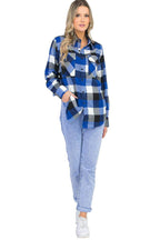 Big plaid shirt for women in blue and black featuring a relaxed fit and front pocket