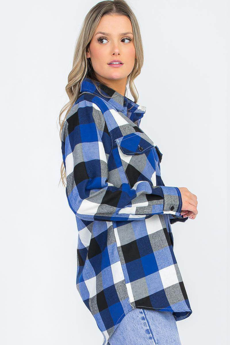 Stylish blue and black big plaid shirt for women with a relaxed fit and front pockets