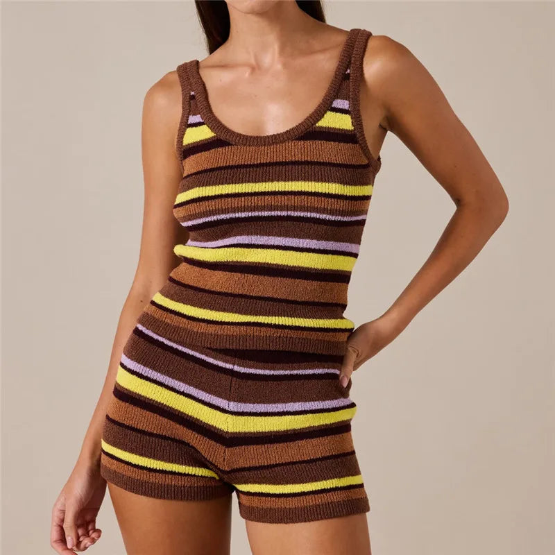 Brown striped knit biker short shorts for casual summer wear