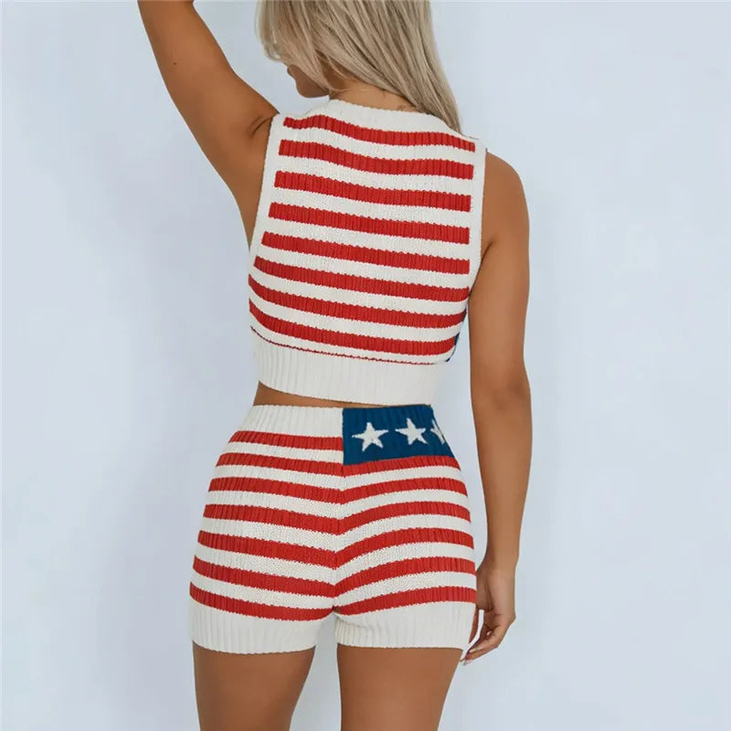 Women's red striped biker short shorts set, perfect for casual outings