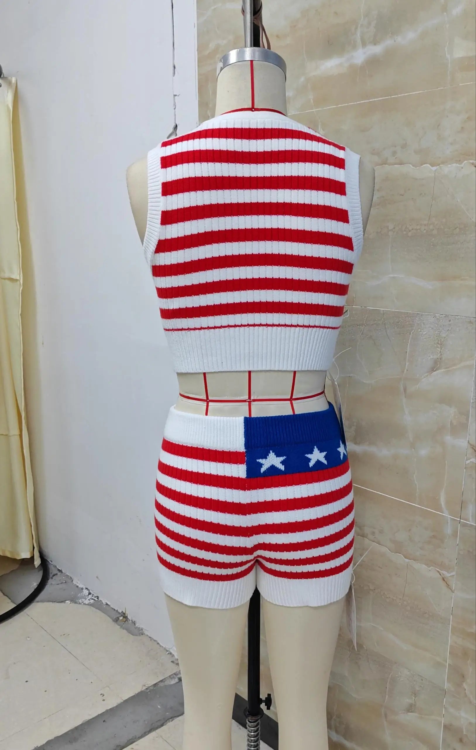 Women's red and white striped biker short shorts, festive summer outfit