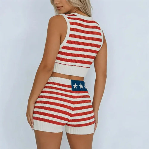 Women's red and white striped outfit set with biker short shorts
