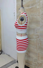 Women's red and white striped outfit set, knit material, casual wear