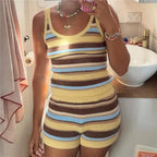Women’s striped biker short shorts in yellow and brown, perfect for casual wear