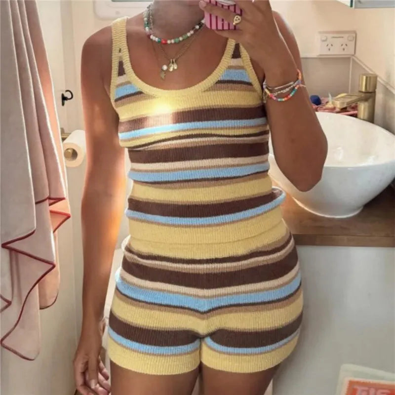 Women’s striped biker short shorts in yellow and brown, perfect for casual wear