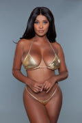 Women's gold bikini set, metallic material, perfect for beach wear