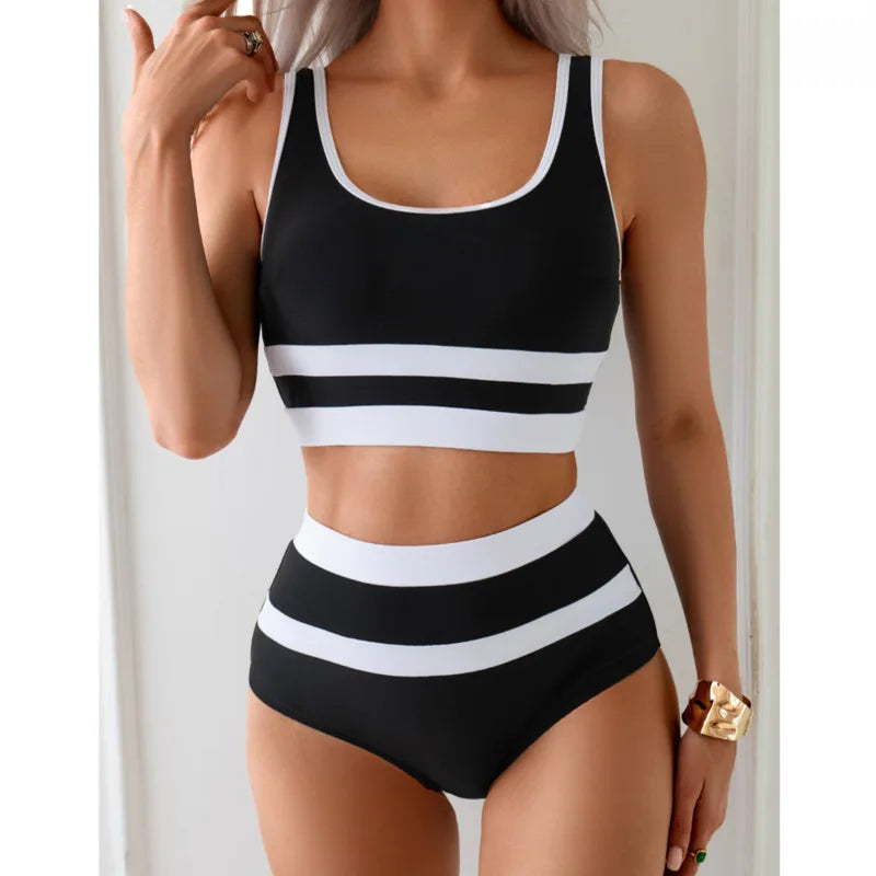 Women's black and white high waist bikini set, perfect for beach outings