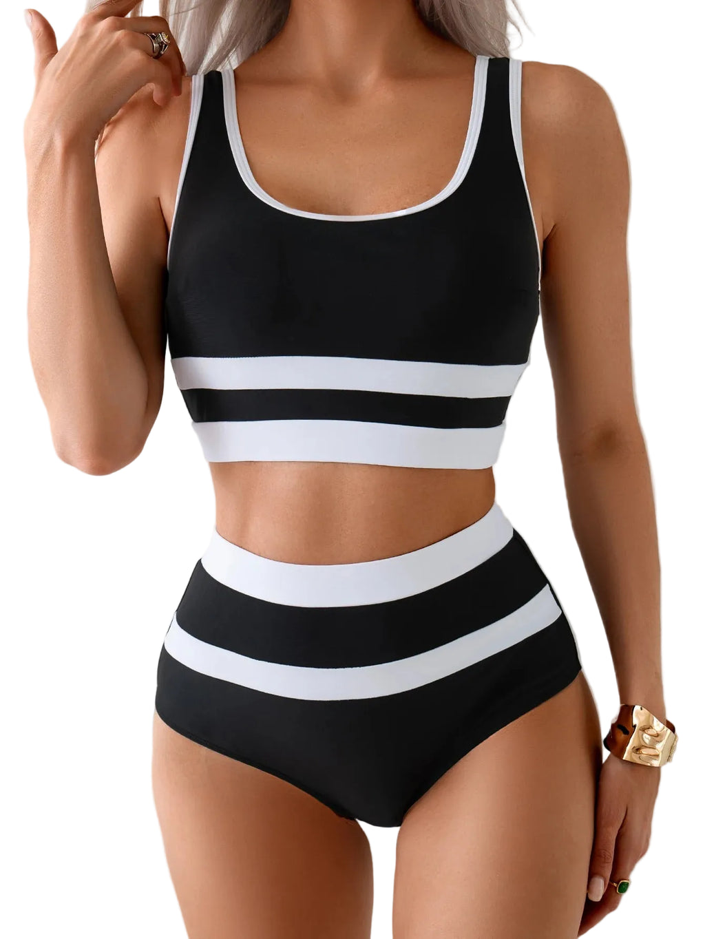 Black and white high waist bikini set for beach outings