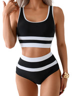 Black and white high waist bikini set for beach outings