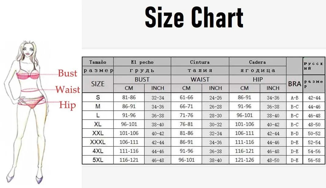Size chart for women's high waist bikini set with measurements