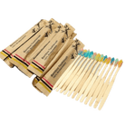 Set of biodegradable bamboo toothbrushes packed in eco-friendly wrappers for travel essentials