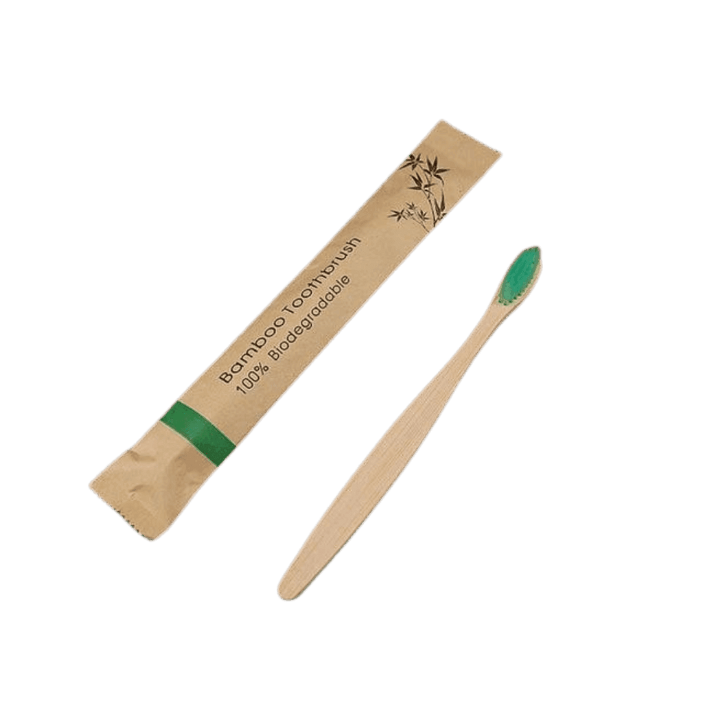 Biodegradable bamboo toothbrush with eco-friendly packaging from VacationGrabs for sustainable travel