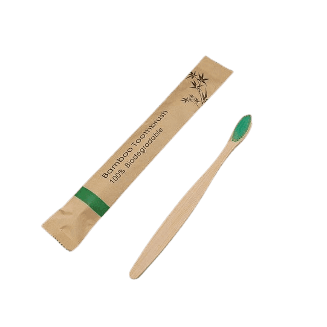 Biodegradable bamboo toothbrush with eco-friendly packaging from VacationGrabs for sustainable travel