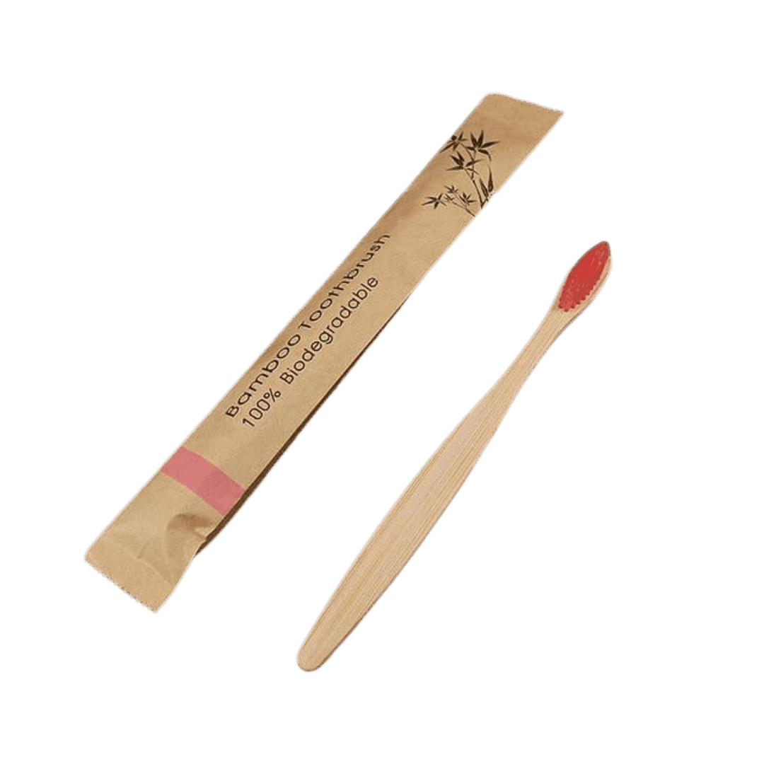 VacationGrabs biodegradable bamboo toothbrush in natural wood packaging for eco-friendly travelers