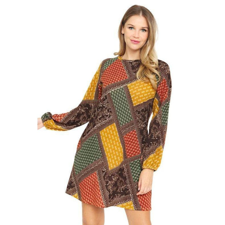 Bishop Sleeve Multi Patch Pattern Mini Dress - VacationGrabs