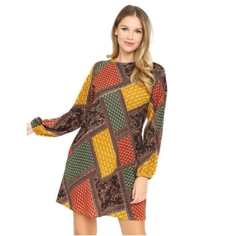 Bishop Sleeve Multi Patch Pattern Mini Dress - VacationGrabs