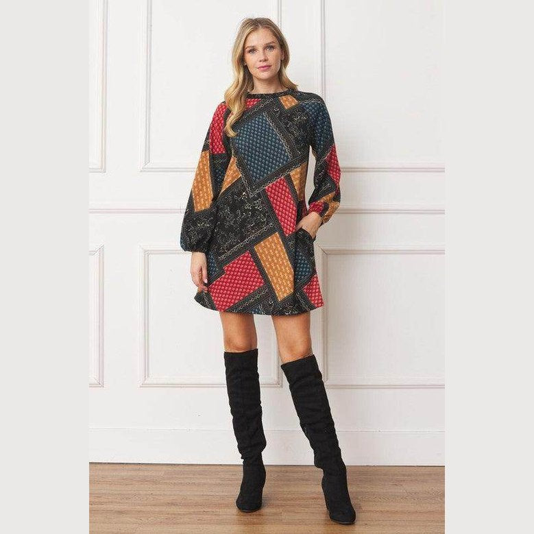 Bishop Sleeve Multi Patch Pattern Mini Dress - VacationGrabs