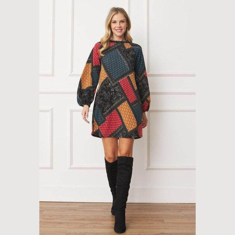 Bishop Sleeve Multi Patch Pattern Mini Dress - VacationGrabs