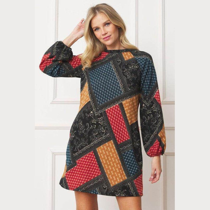 Bishop Sleeve Multi Patch Pattern Mini Dress - VacationGrabs