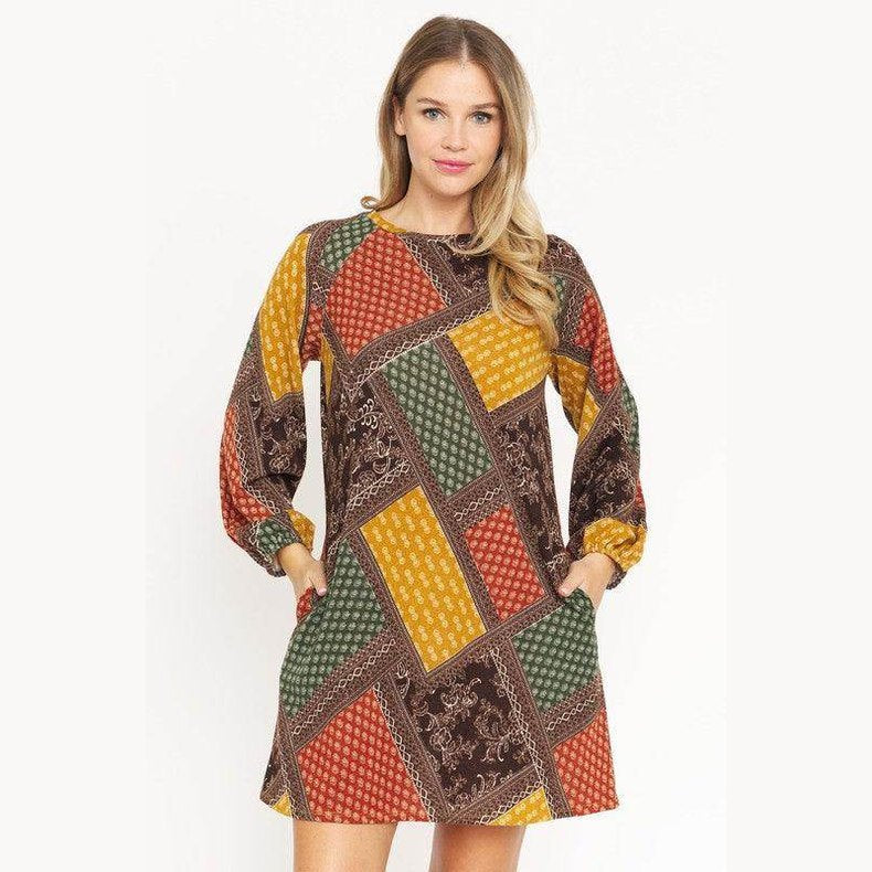 Bishop Sleeve Multi Patch Pattern Mini Dress - VacationGrabs