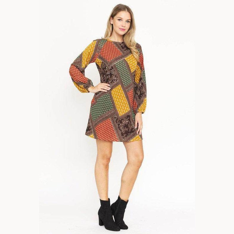 Bishop Sleeve Multi Patch Pattern Mini Dress - VacationGrabs