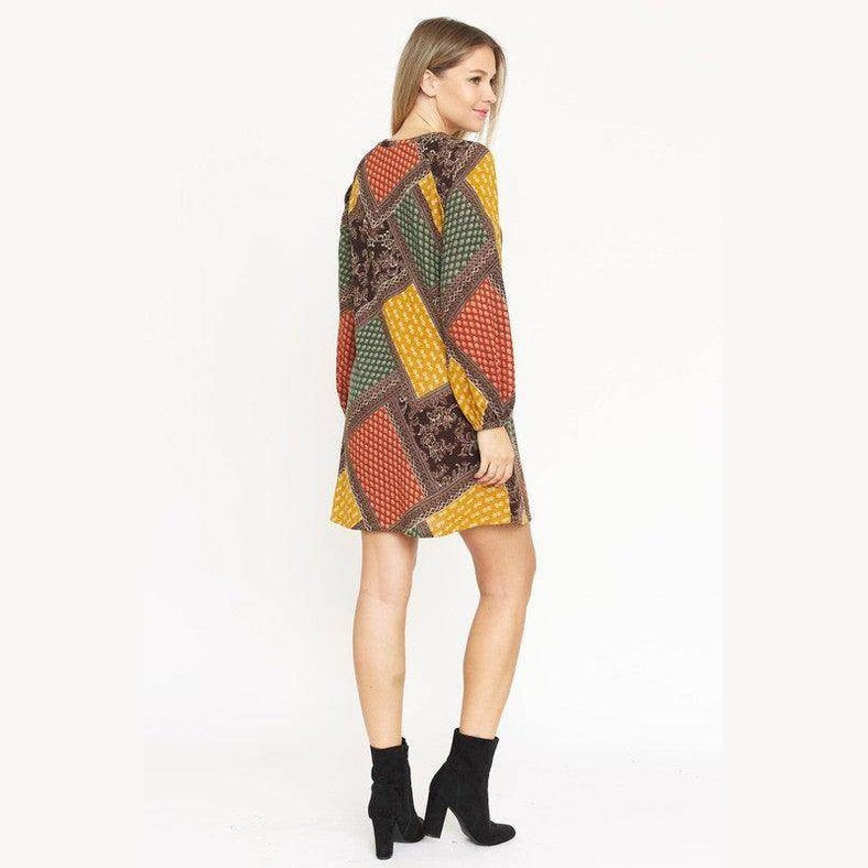 Bishop Sleeve Multi Patch Pattern Mini Dress - VacationGrabs