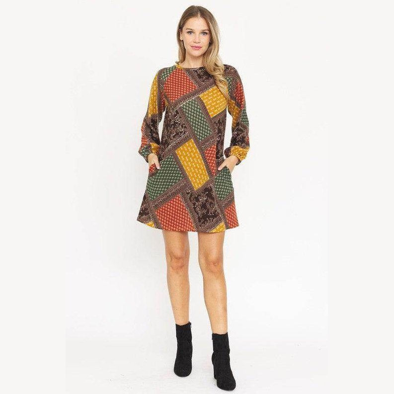 Bishop Sleeve Multi Patch Pattern Mini Dress - VacationGrabs