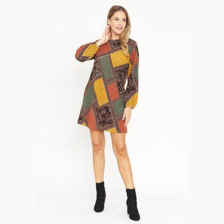 Bishop Sleeve Multi Patch Pattern Mini Dress - VacationGrabs