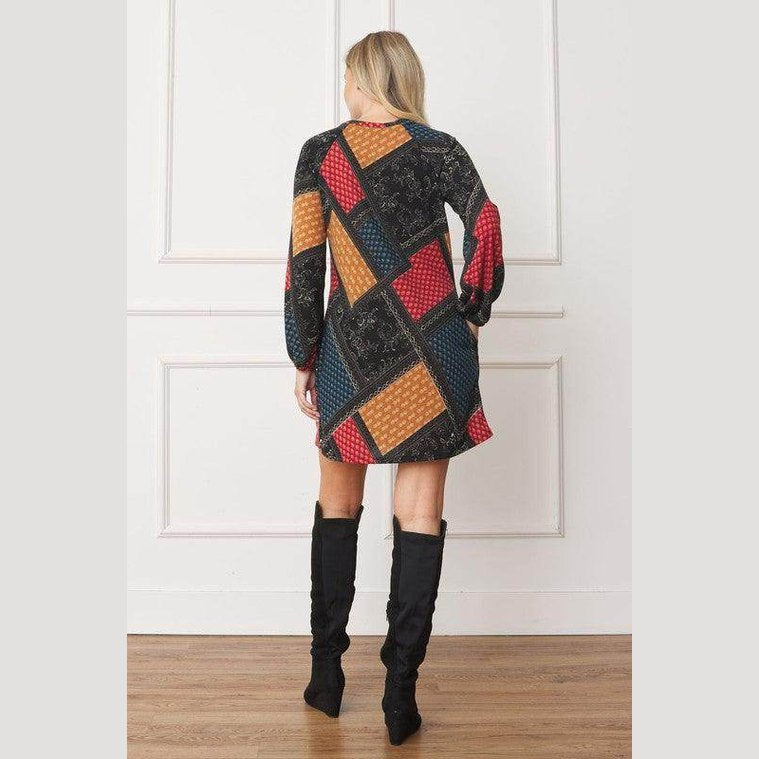 Bishop Sleeve Multi Patch Pattern Mini Dress - VacationGrabs