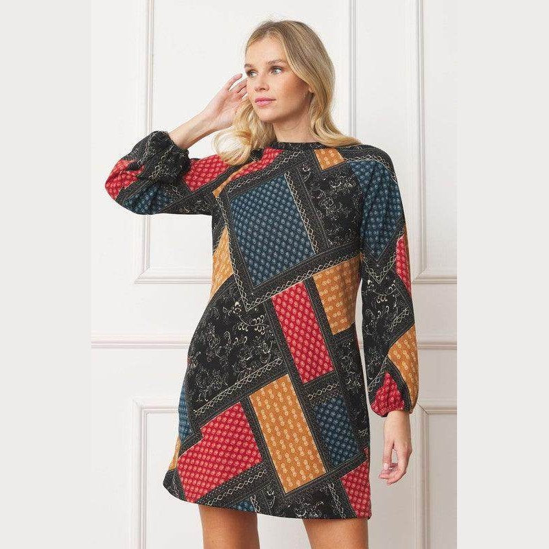 Bishop Sleeve Multi Patch Pattern Mini Dress - VacationGrabs