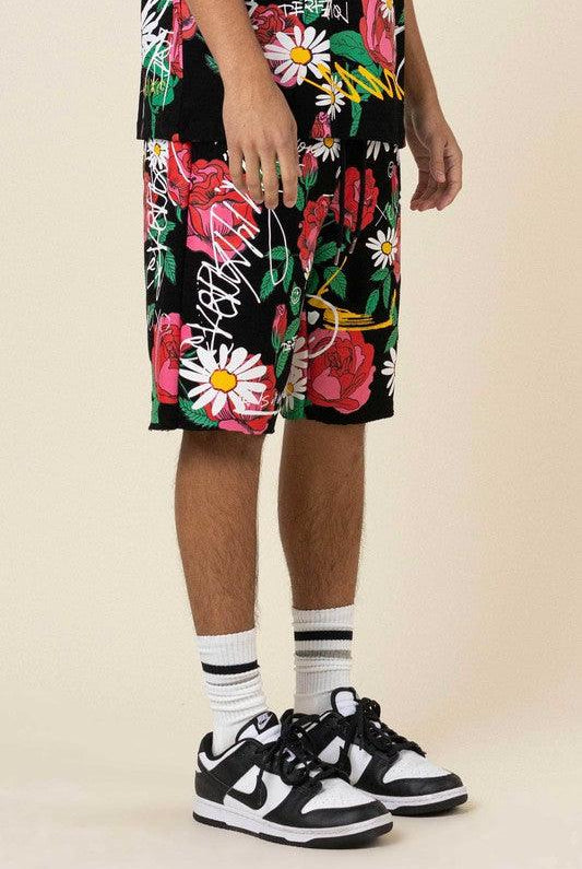 Men's Shorts Black All Over Rose Bloom Print Shorts