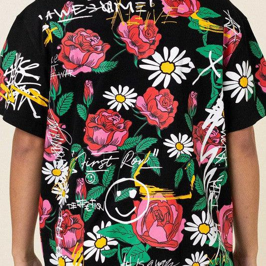 Men's Shirts - Tee's Black Allover Rose Bloom Print Tee Shirt
