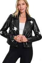 Women's Coats & Jackets Black and Ivory Vegan Leather Star Patch Moto Jacket