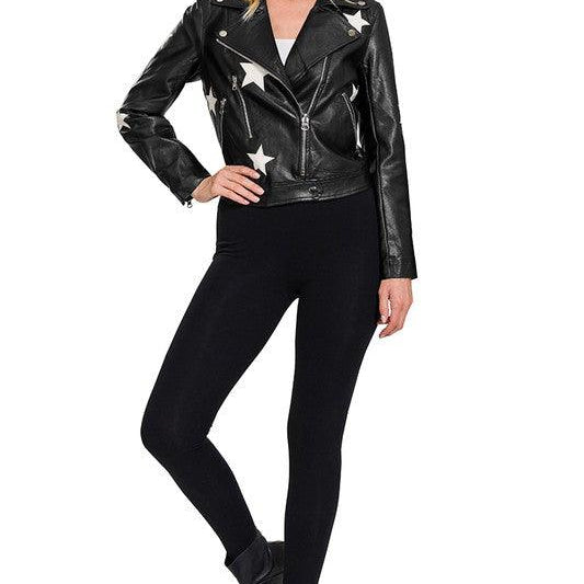 Women's Coats & Jackets Black and Ivory Vegan Leather Star Patch Moto Jacket