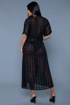 Women's black sheer cover-up, polka dot design, ideal for beach and maxi dress
