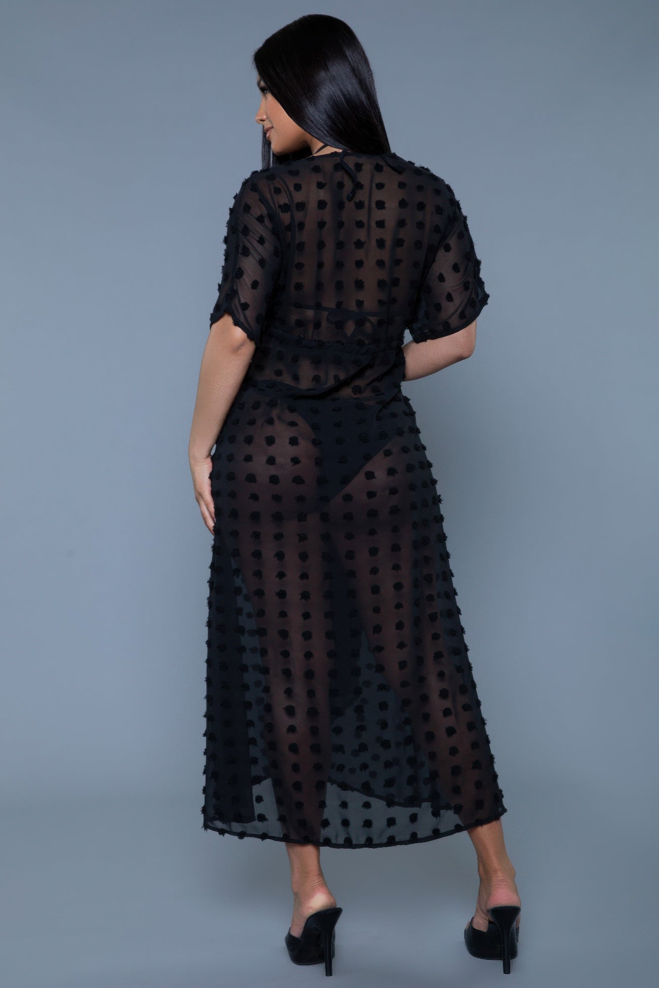 Women's black sheer cover-up, polka dot design, ideal for beach and maxi dress