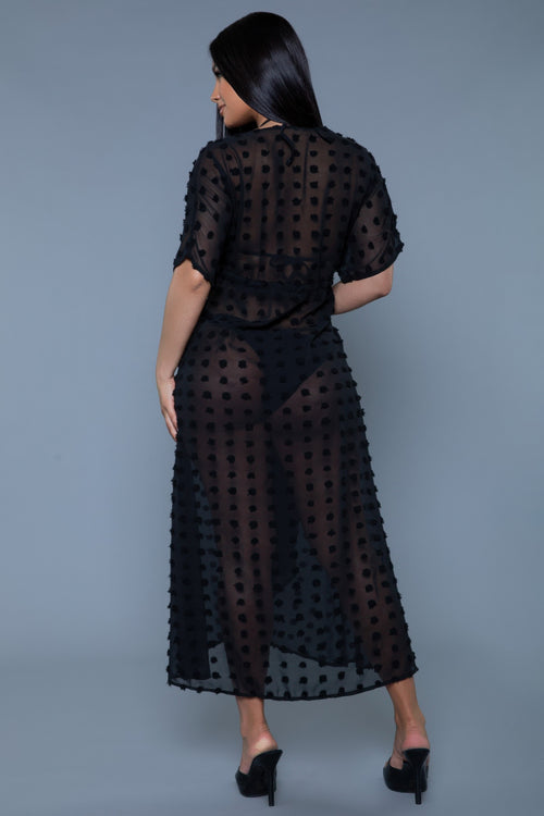 Women's black sheer cover-up, polka dot design, ideal for beach and maxi dress