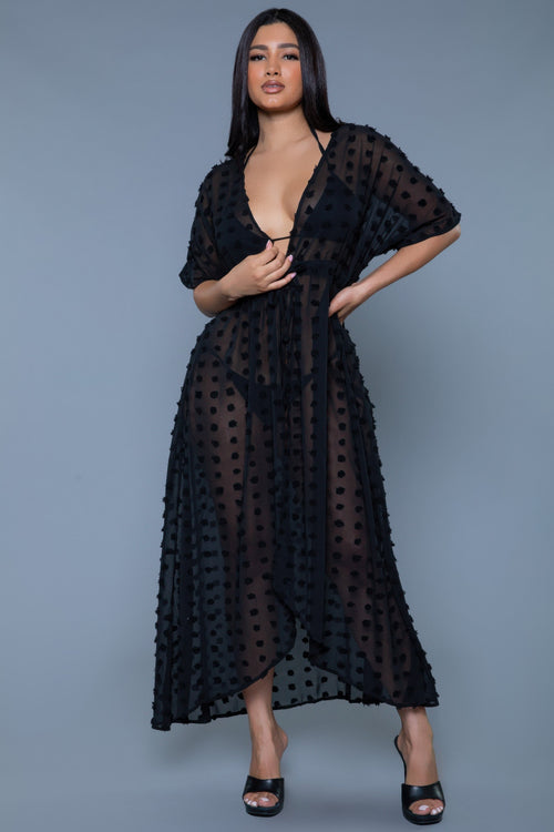 Women's black sheer cover-up, polka dot design, and maxi dress
