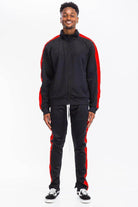 Black and red mens tracksuit featuring a zip-up jacket and matching pants with side stripes