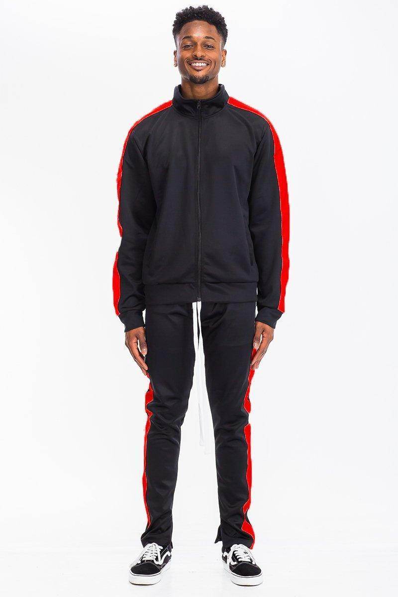 Black and red mens tracksuit featuring a zip-up jacket and matching pants with side stripes