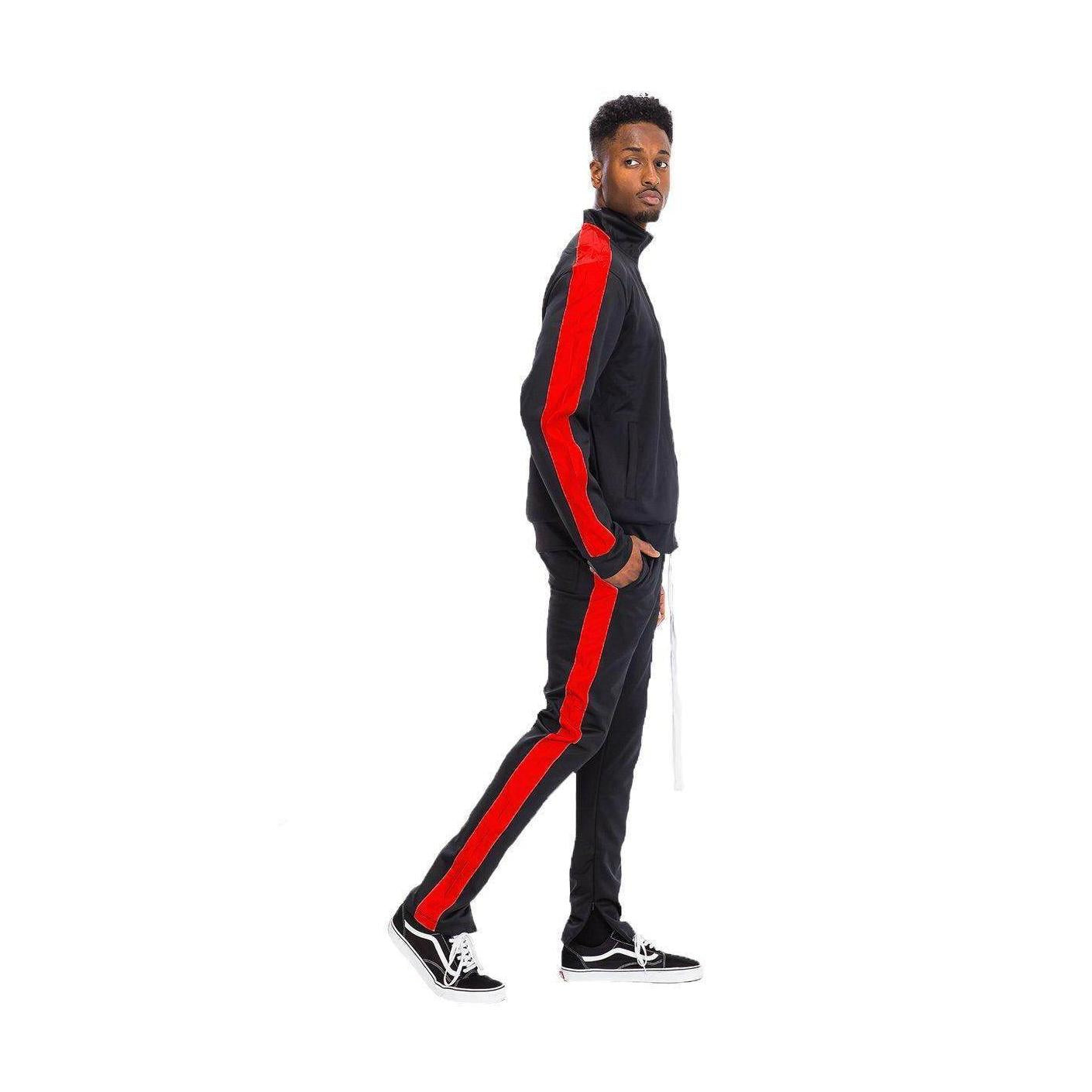Black and red mens tracksuit from VacationGrabs featuring a stylish zip-up jacket and slim-fit pants