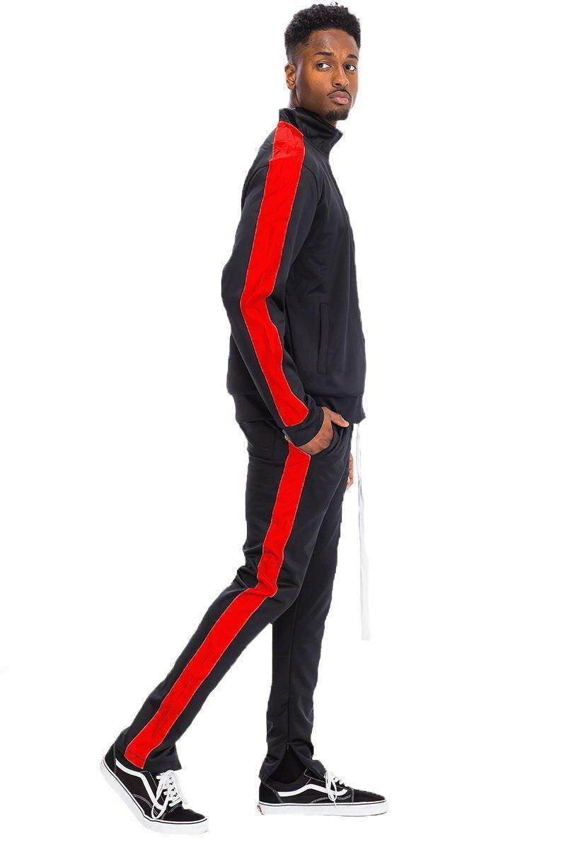 Black and red mens tracksuit from VacationGrabs featuring a stylish zip-up jacket and slim-fit pants