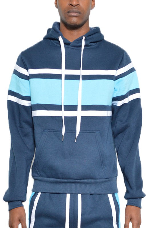 WEIV men's navy blue hoodie with light blue and white stripes and white drawstrings