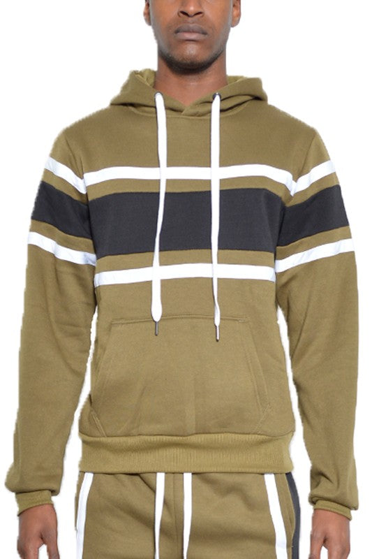WEIV olive green hoodie with black and white stripes and white drawstrings on front