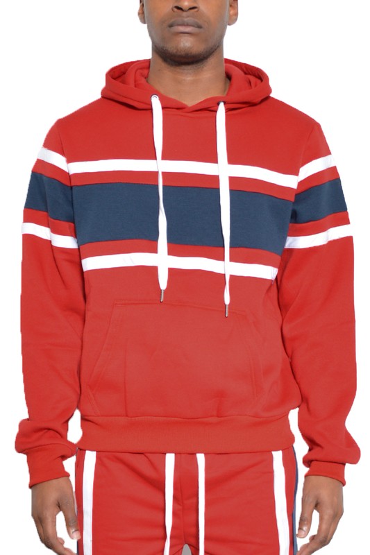 WEIV red hoodie with white and navy stripes worn by model not a black and red striped hoodie