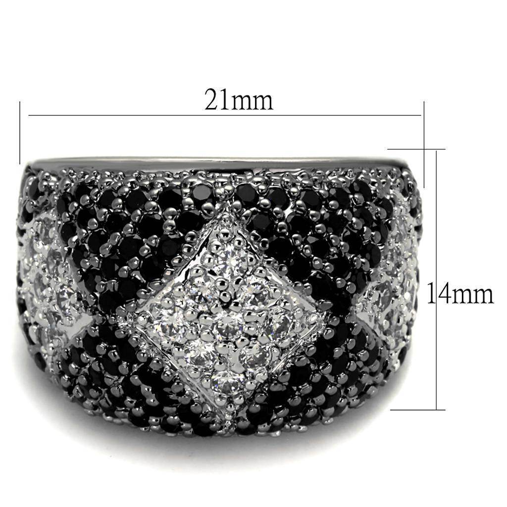 Black and white brass statement ring with unique diamond pattern and textured finish